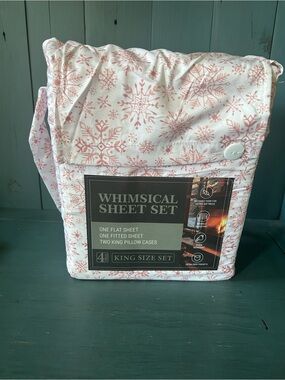 Whimsical Sheet Set - Pink Snowflake King Bedding - New | Winter in July